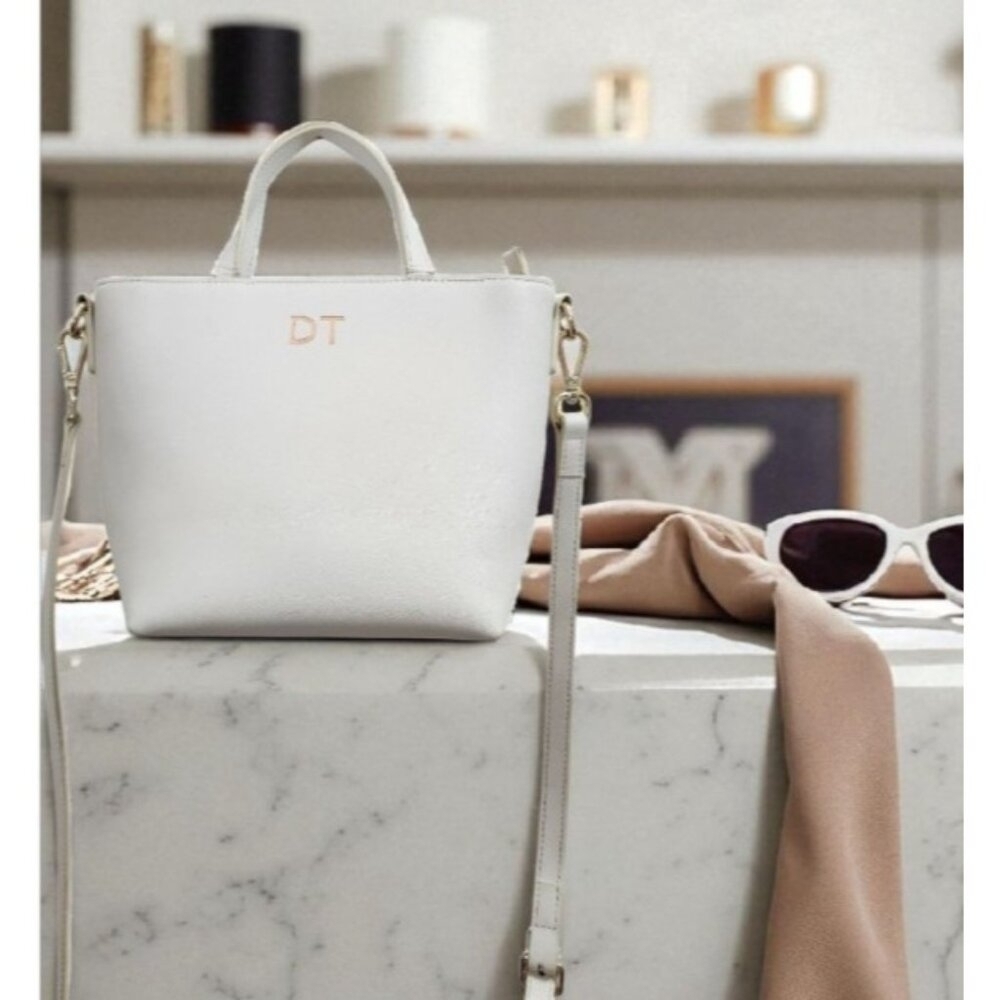 TDE White Structured Leather Tote Bag DT Logo Gold Hardware Crossbody Strap
